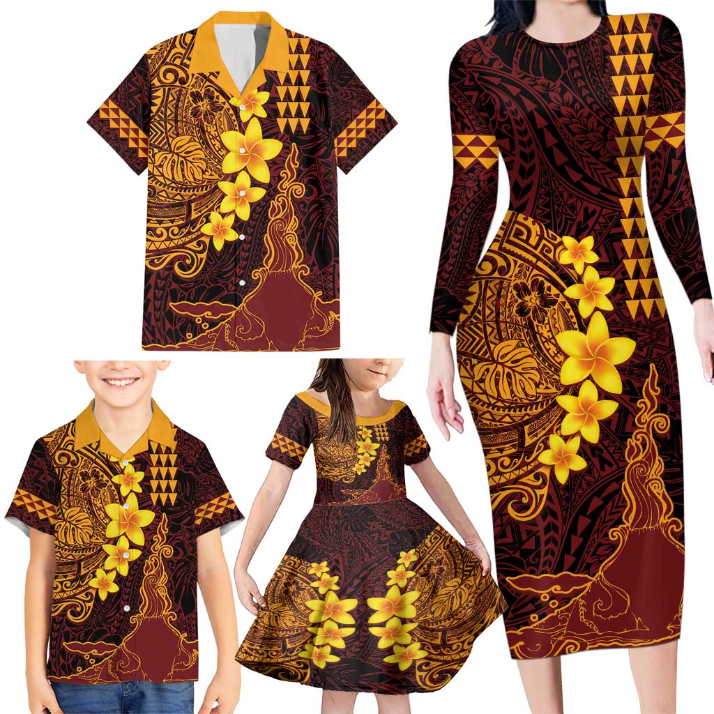 Hawaii Volcano Family Matching Long Sleeve Bodycon Dress and Hawaiian Shirt Polynesian and Kakau Pattern