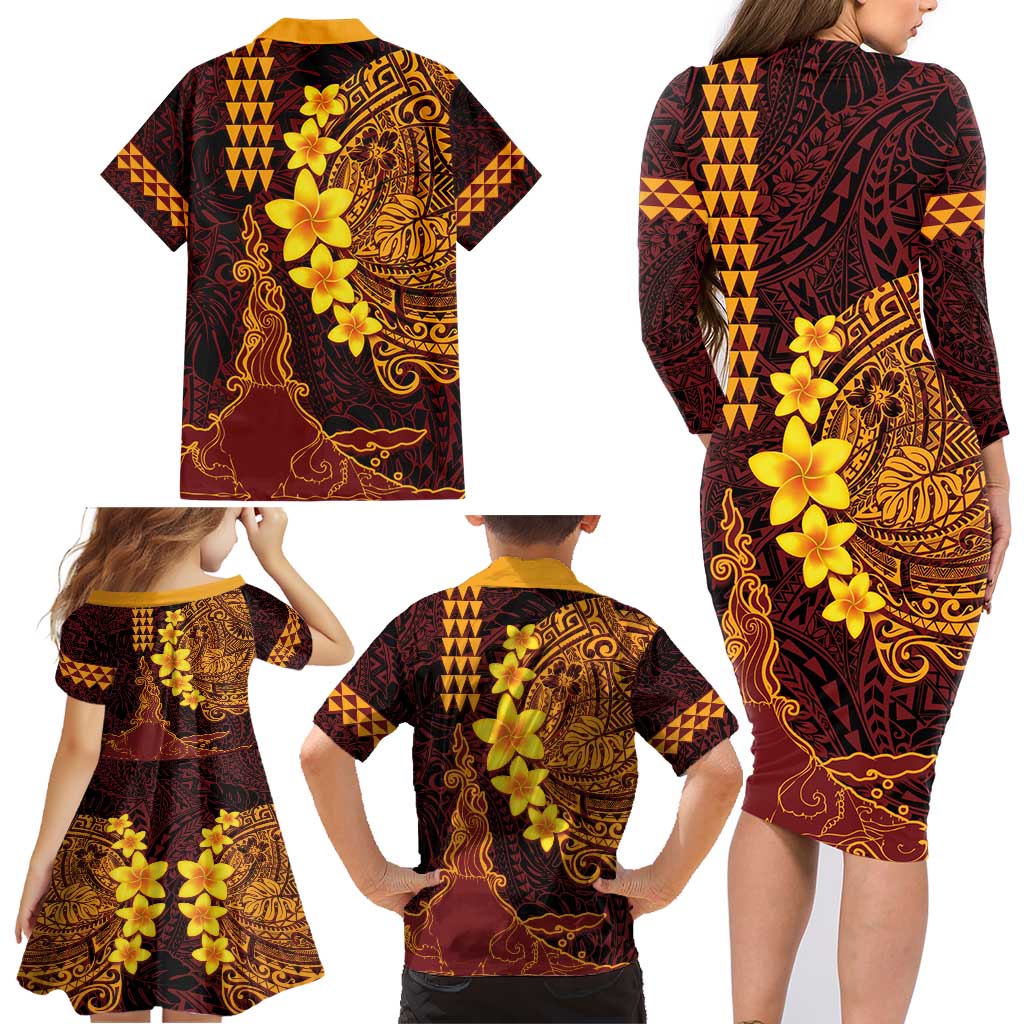 Hawaii Volcano Family Matching Long Sleeve Bodycon Dress and Hawaiian Shirt Polynesian and Kakau Pattern LT03 - Polynesian Pride
