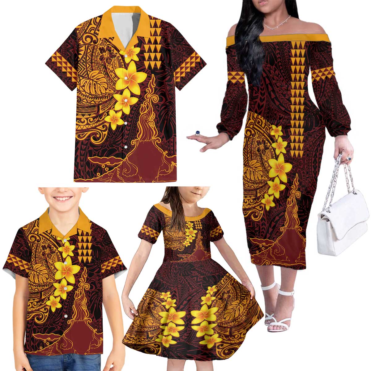 Hawaii Volcano Family Matching Off The Shoulder Long Sleeve Dress and Hawaiian Shirt Polynesian and Kakau Pattern