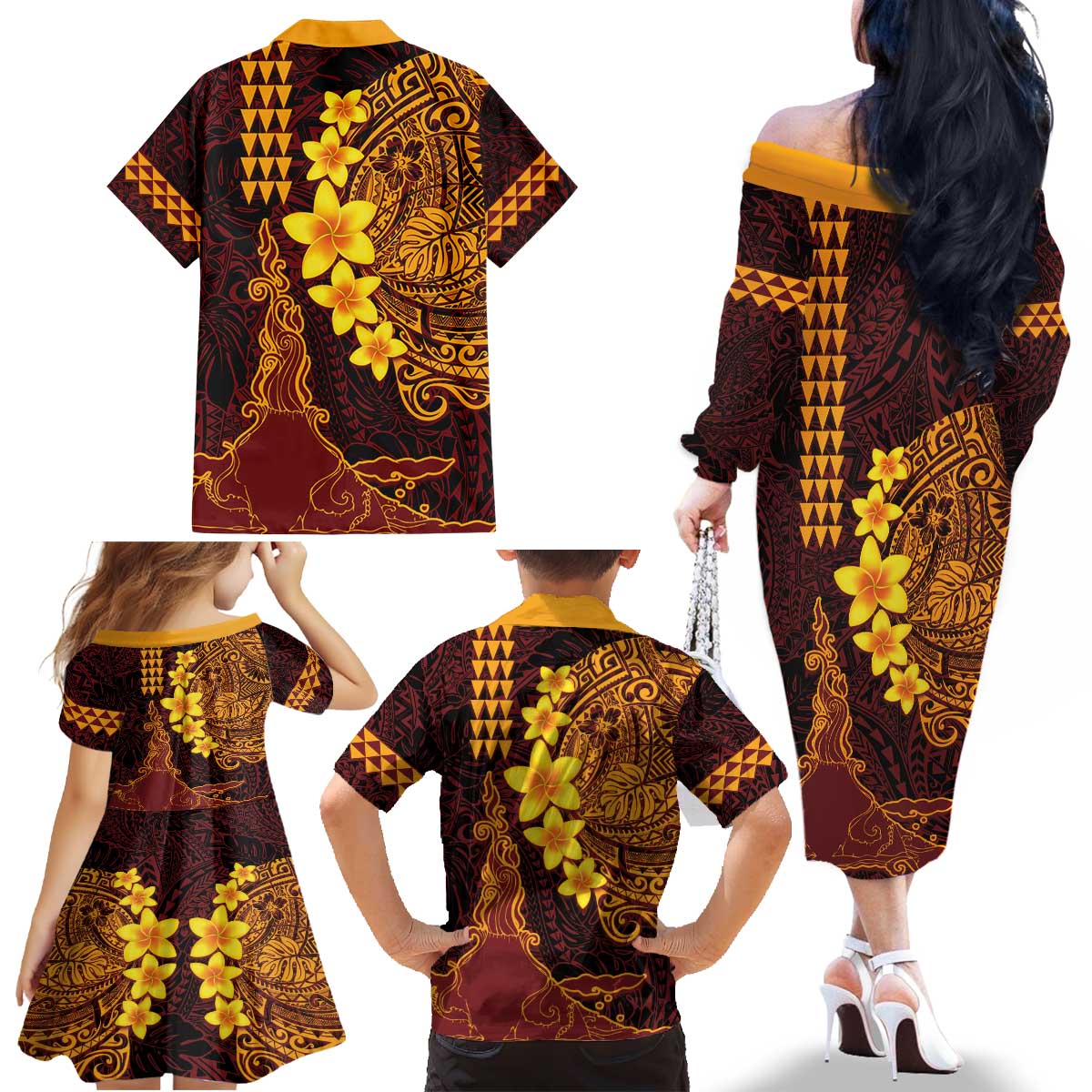 Hawaii Volcano Family Matching Off The Shoulder Long Sleeve Dress and Hawaiian Shirt Polynesian and Kakau Pattern LT03 - Polynesian Pride