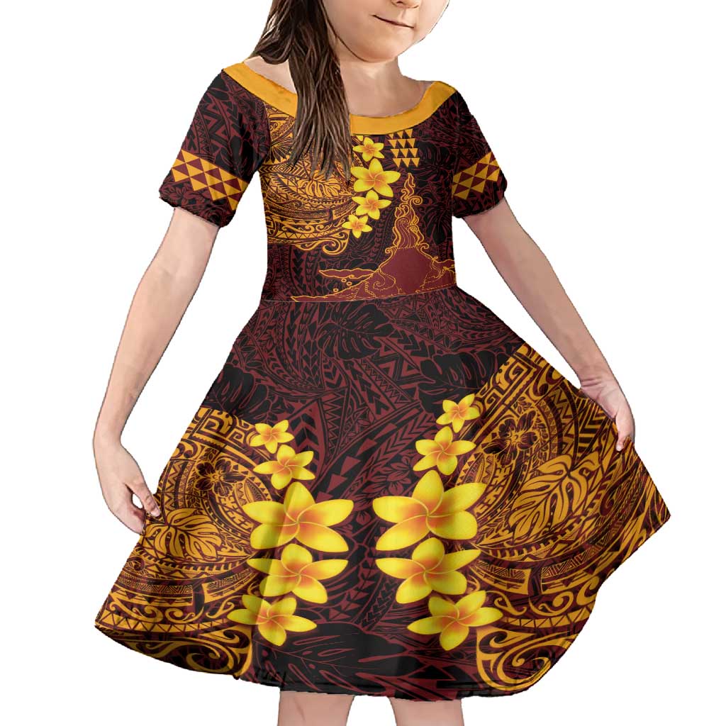 Hawaii Volcano Family Matching Off Shoulder Maxi Dress and Hawaiian Shirt Polynesian and Kakau Pattern LT03 Daughter's Dress Red - Polynesian Pride