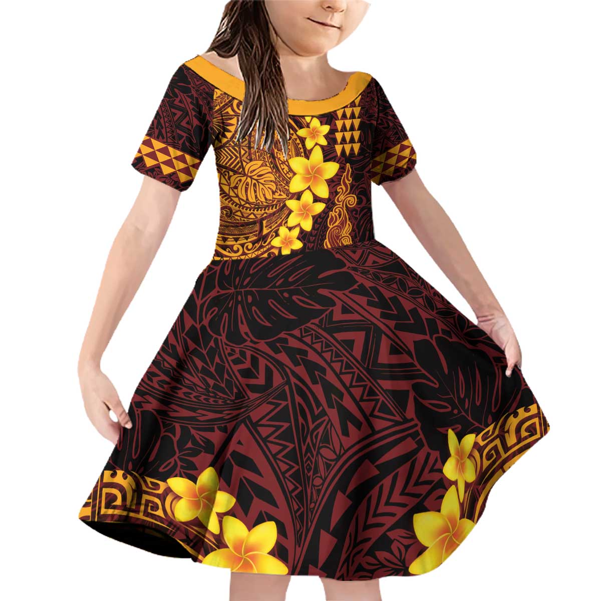 Hawaii Volcano Family Matching Off Shoulder Short Dress and Hawaiian Shirt Polynesian and Kakau Pattern LT03 Daughter's Dress Red - Polynesian Pride