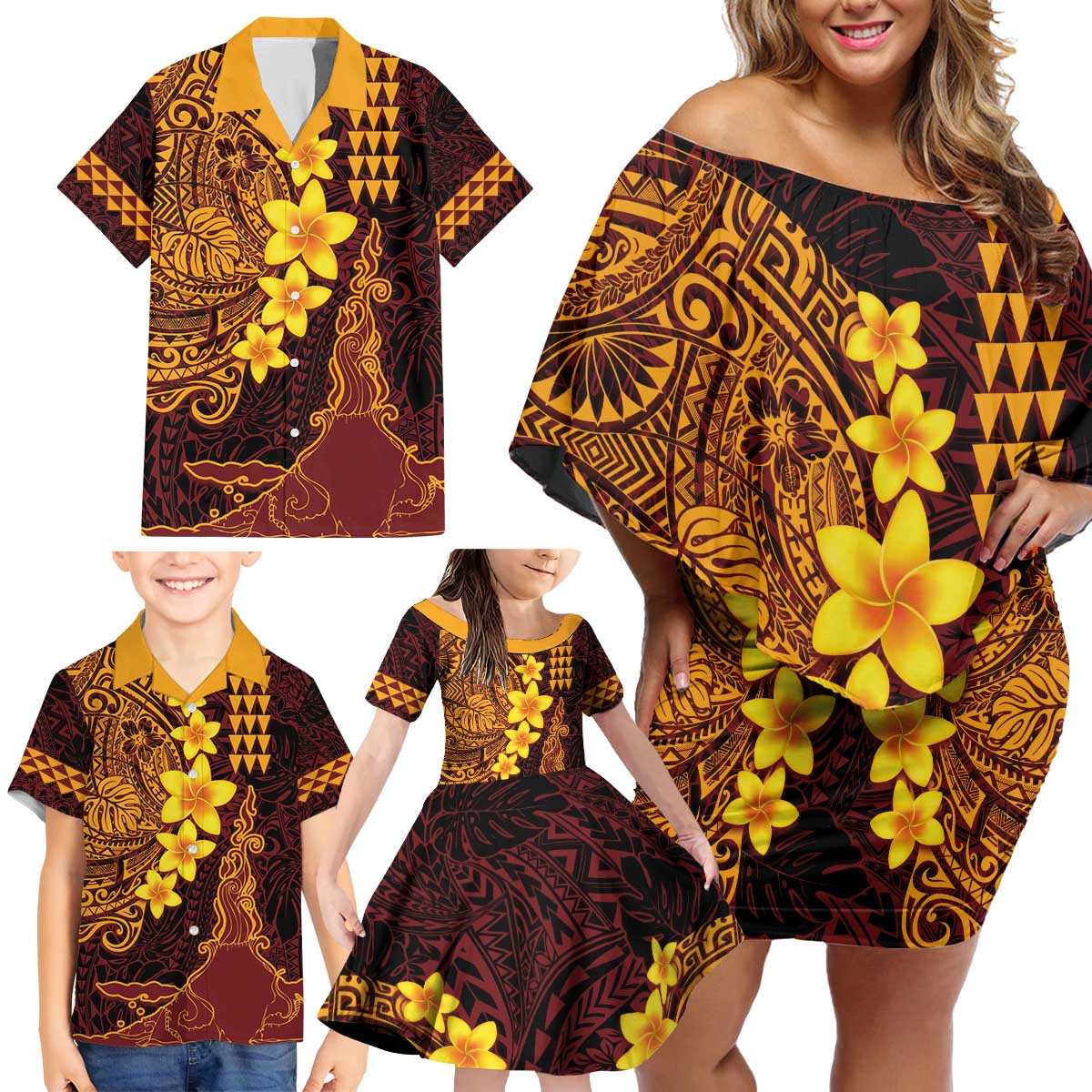 Hawaii Volcano Family Matching Off Shoulder Short Dress and Hawaiian Shirt Polynesian and Kakau Pattern