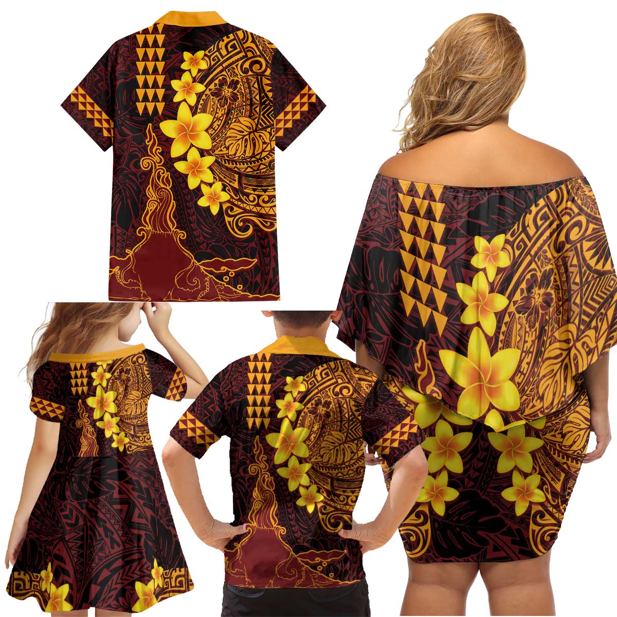 Hawaii Volcano Family Matching Off Shoulder Short Dress and Hawaiian Shirt Polynesian and Kakau Pattern LT03 - Polynesian Pride
