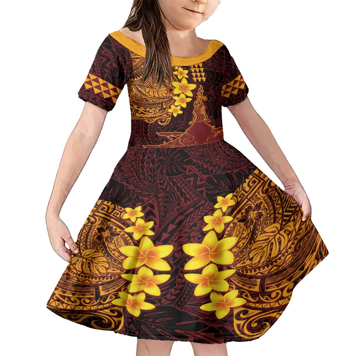 Hawaii Volcano Family Matching Puletasi and Hawaiian Shirt Polynesian and Kakau Pattern LT03 Daughter's Dress Red - Polynesian Pride