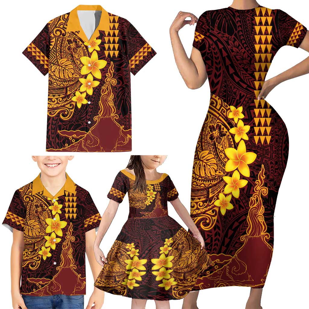 Hawaii Volcano Family Matching Short Sleeve Bodycon Dress and Hawaiian Shirt Polynesian and Kakau Pattern