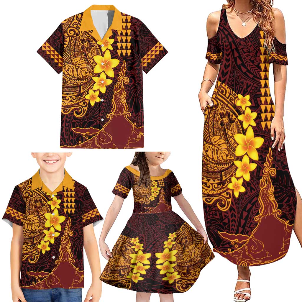 Hawaii Volcano Family Matching Summer Maxi Dress and Hawaiian Shirt Polynesian and Kakau Pattern