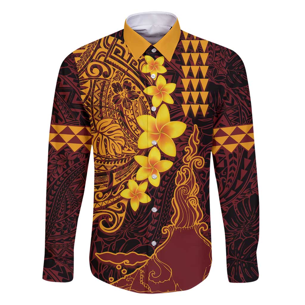 Hawaii Volcano Family Matching Summer Maxi Dress and Hawaiian Shirt Polynesian and Kakau Pattern LT03 Dad's Shirt - Long Sleeve Red - Polynesian Pride