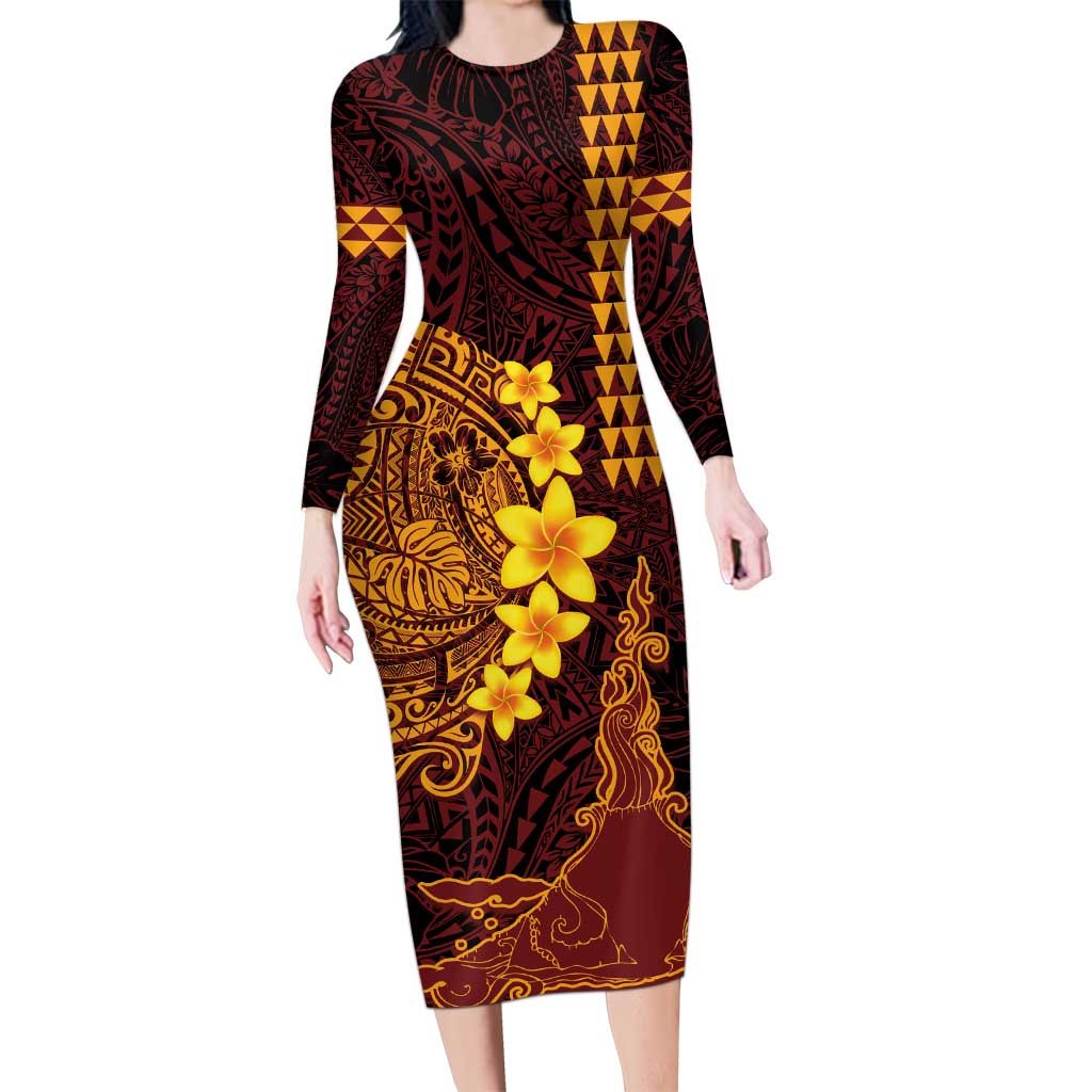 Hawaii Volcano Long Sleeve Bodycon Dress Polynesian and Kakau Pattern