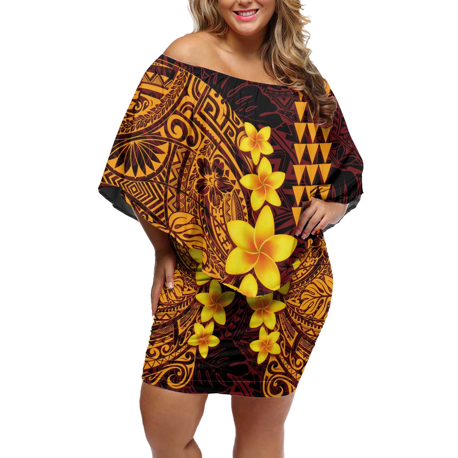 Hawaii Volcano Off Shoulder Short Dress Polynesian and Kakau Pattern LT03 Women Red - Polynesian Pride