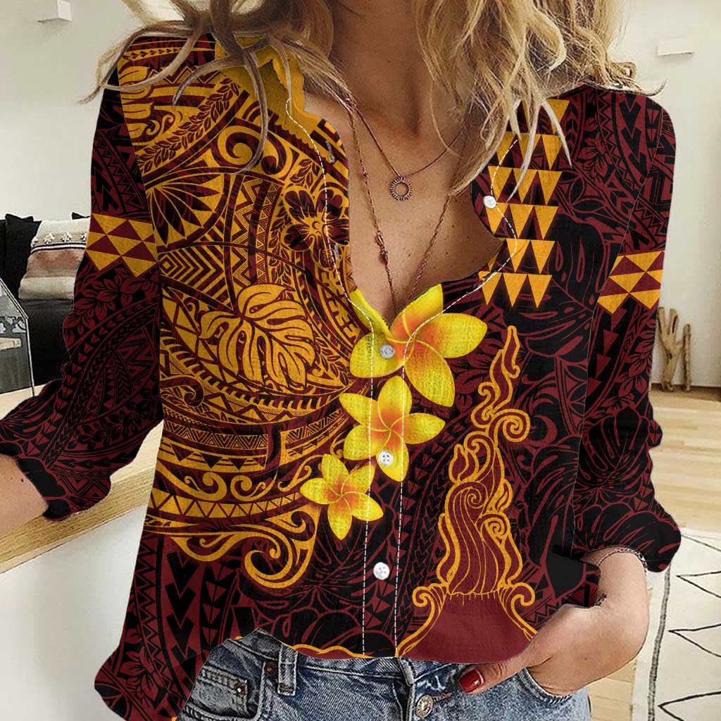 Hawaii Volcano Women Casual Shirt Polynesian and Kakau Pattern