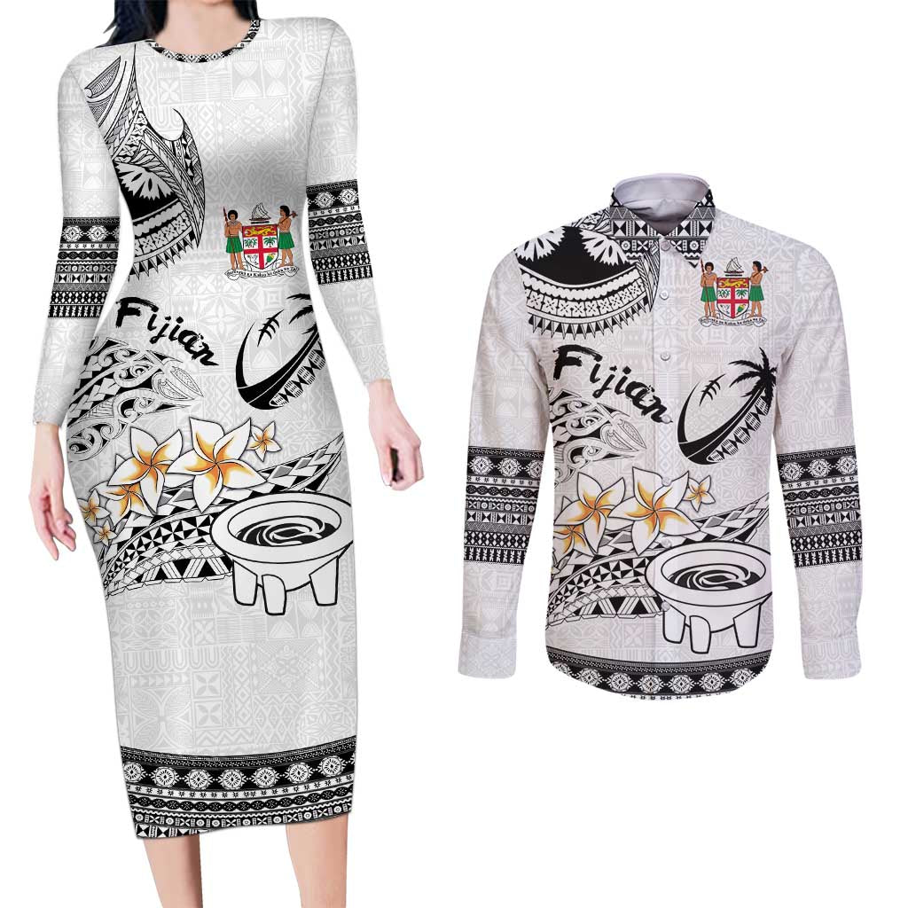 Fijian Traditional Culture Couples Matching Long Sleeve Bodycon Dress and Long Sleeve Button Shirt Tapa Tribal Tattoos - Polynesian Pride