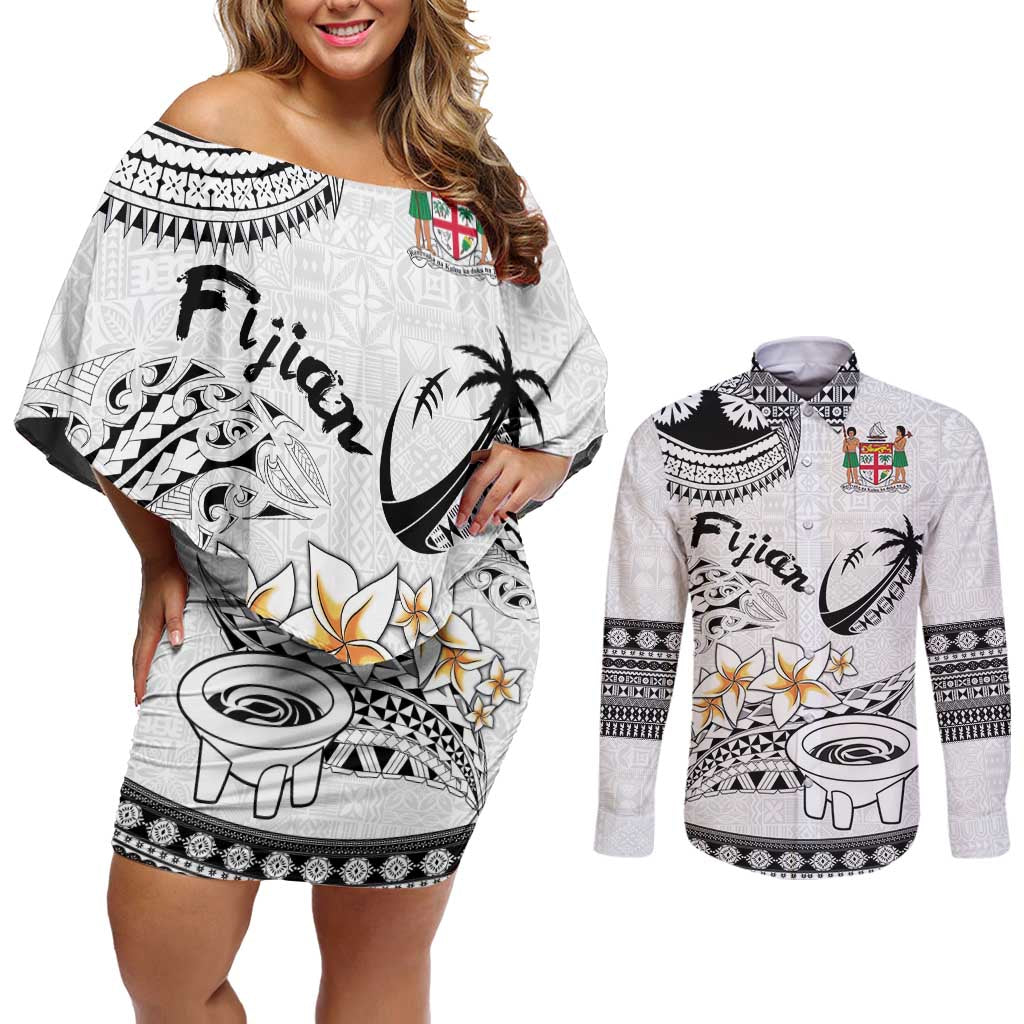Fijian Traditional Culture Couples Matching Off Shoulder Short Dress and Long Sleeve Button Shirt Tapa Tribal Tattoos - Polynesian Pride
