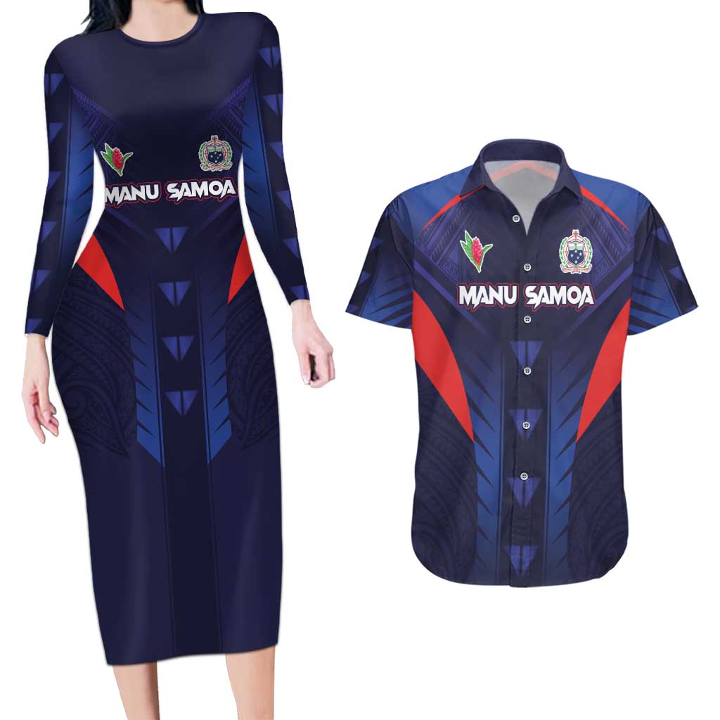 Custom Rugby Samoa Couples Matching Long Sleeve Bodycon Dress and Hawaiian Shirt Siva Tau Spirit Sporty Vibes LT03 Navy - Polynesian Pride