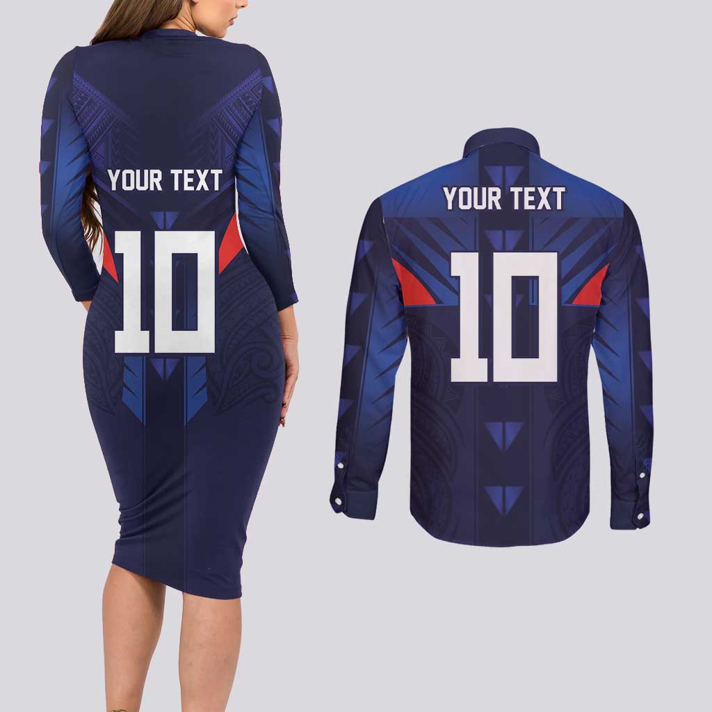 Custom Rugby Samoa Couples Matching Long Sleeve Bodycon Dress and Long Sleeve Button Shirt Siva Tau Spirit Sporty Vibes - Polynesian Pride