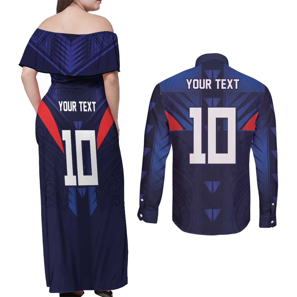 Custom Rugby Samoa Couples Matching Off Shoulder Maxi Dress and Long Sleeve Button Shirt Siva Tau Spirit Sporty Vibes - Polynesian Pride