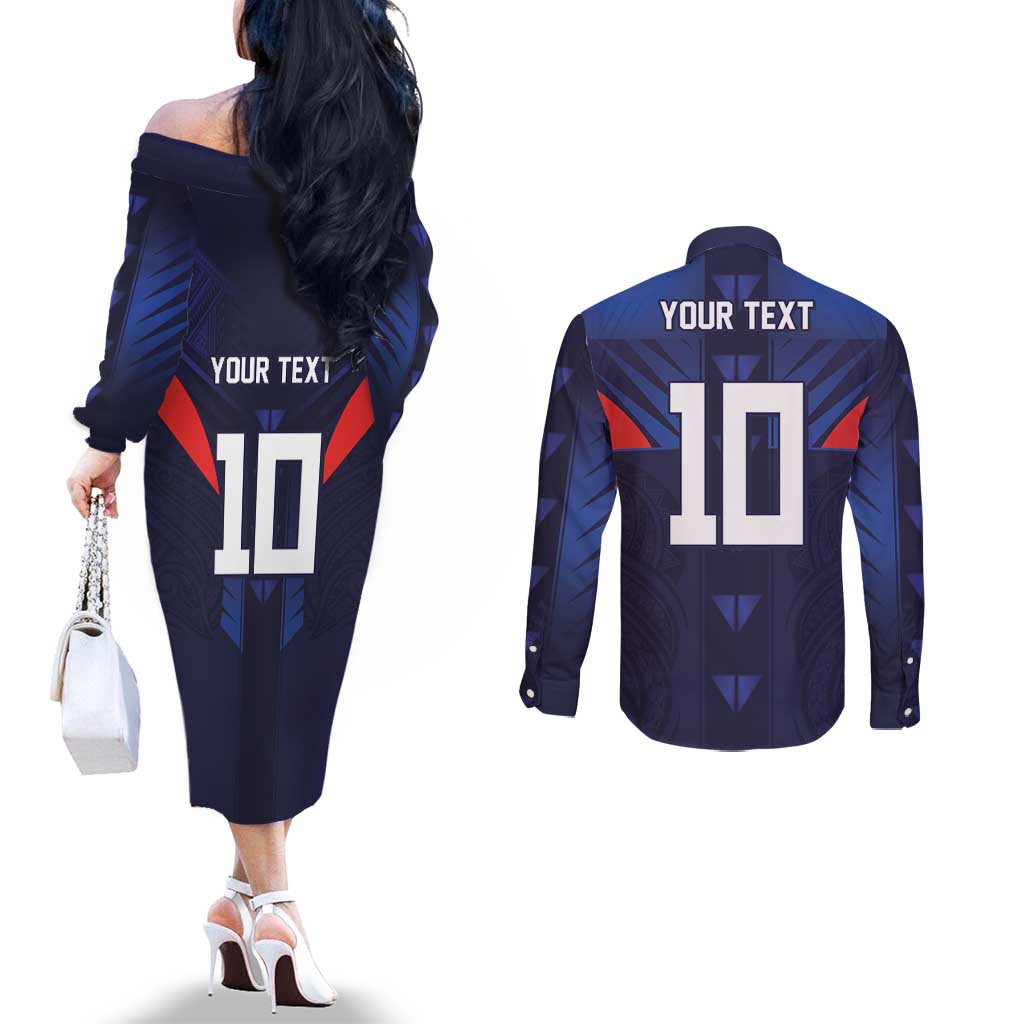 Custom Rugby Samoa Couples Matching Off The Shoulder Long Sleeve Dress and Long Sleeve Button Shirt Siva Tau Spirit Sporty Vibes - Polynesian Pride