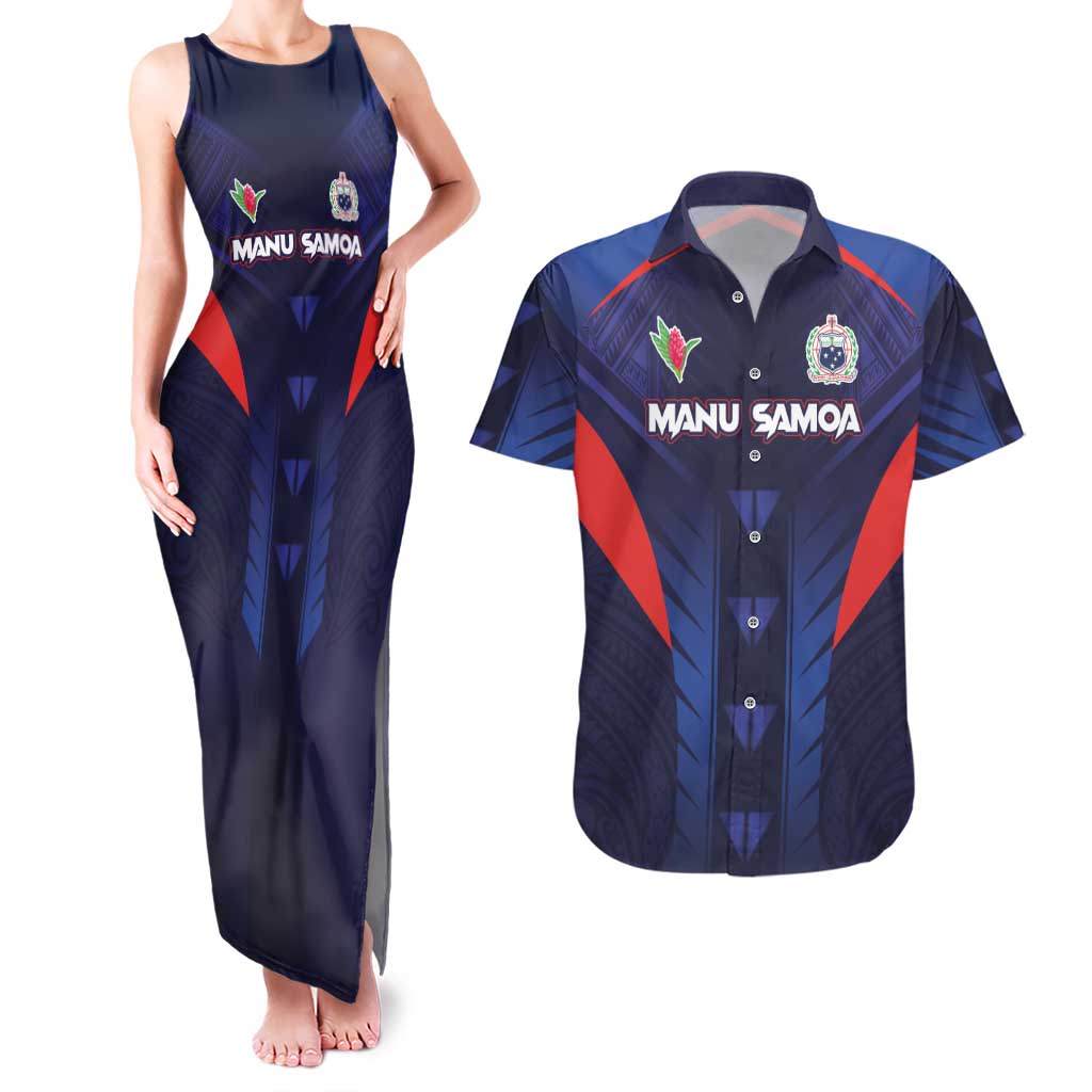 Custom Rugby Samoa Couples Matching Tank Maxi Dress and Hawaiian Shirt Siva Tau Spirit Sporty Vibes LT03 Navy - Polynesian Pride