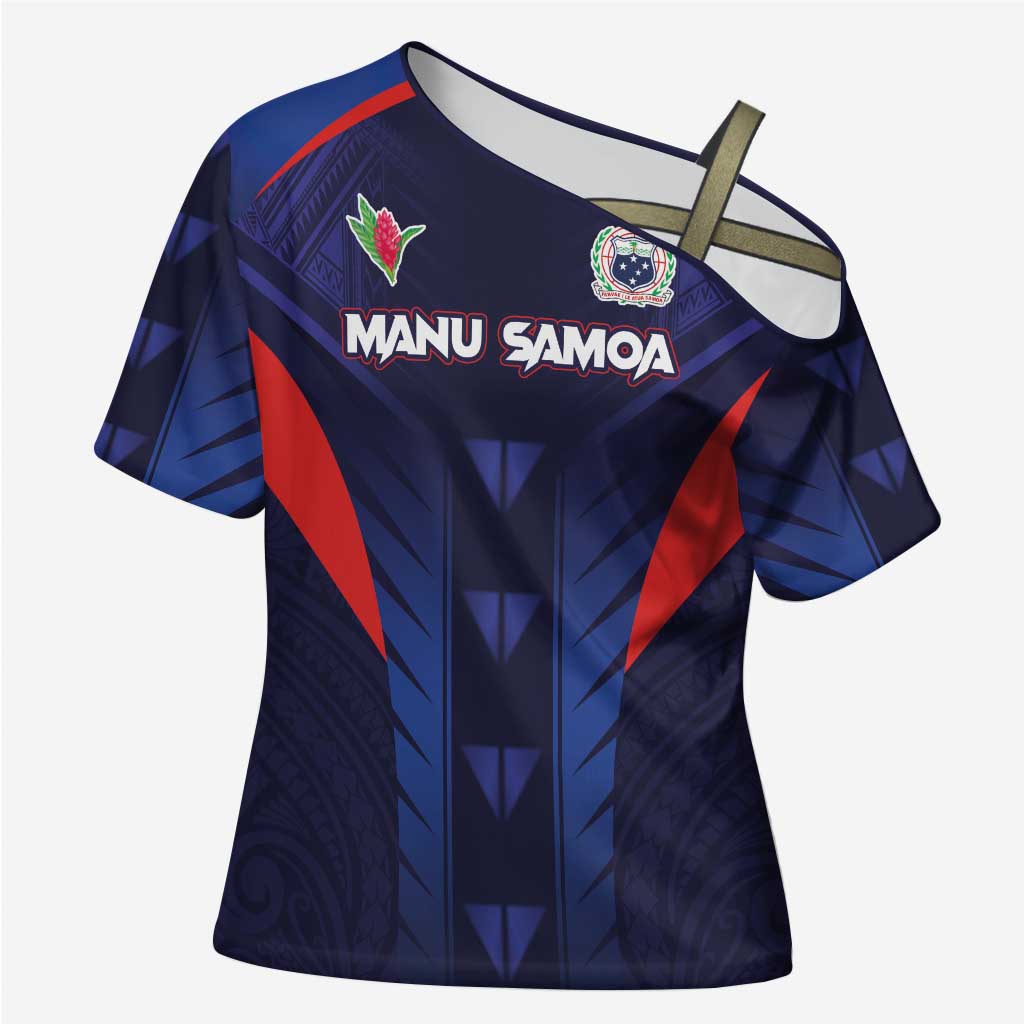 Custom Rugby Samoa Cross Shoulder Shirt Siva Tau Spirit Sporty Vibes LT03 Female Navy - Polynesian Pride