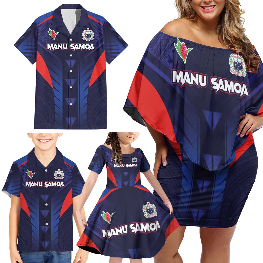 Custom Rugby Samoa Family Matching Off Shoulder Short Dress and Hawaiian Shirt Siva Tau Spirit Sporty Vibes - Polynesian Pride