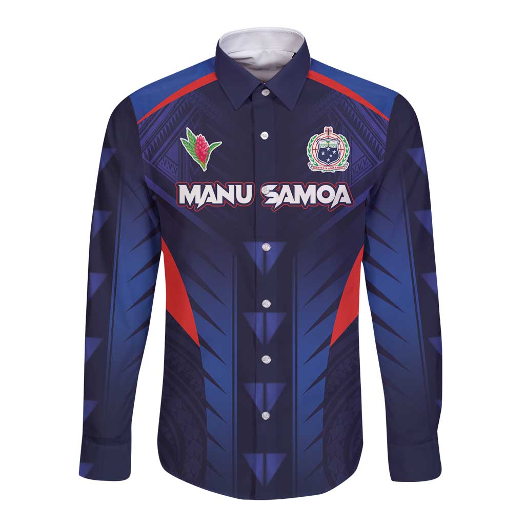 Custom Rugby Samoa Long Sleeve Button Shirt Siva Tau Spirit Sporty Vibes LT03 Unisex Navy - Polynesian Pride