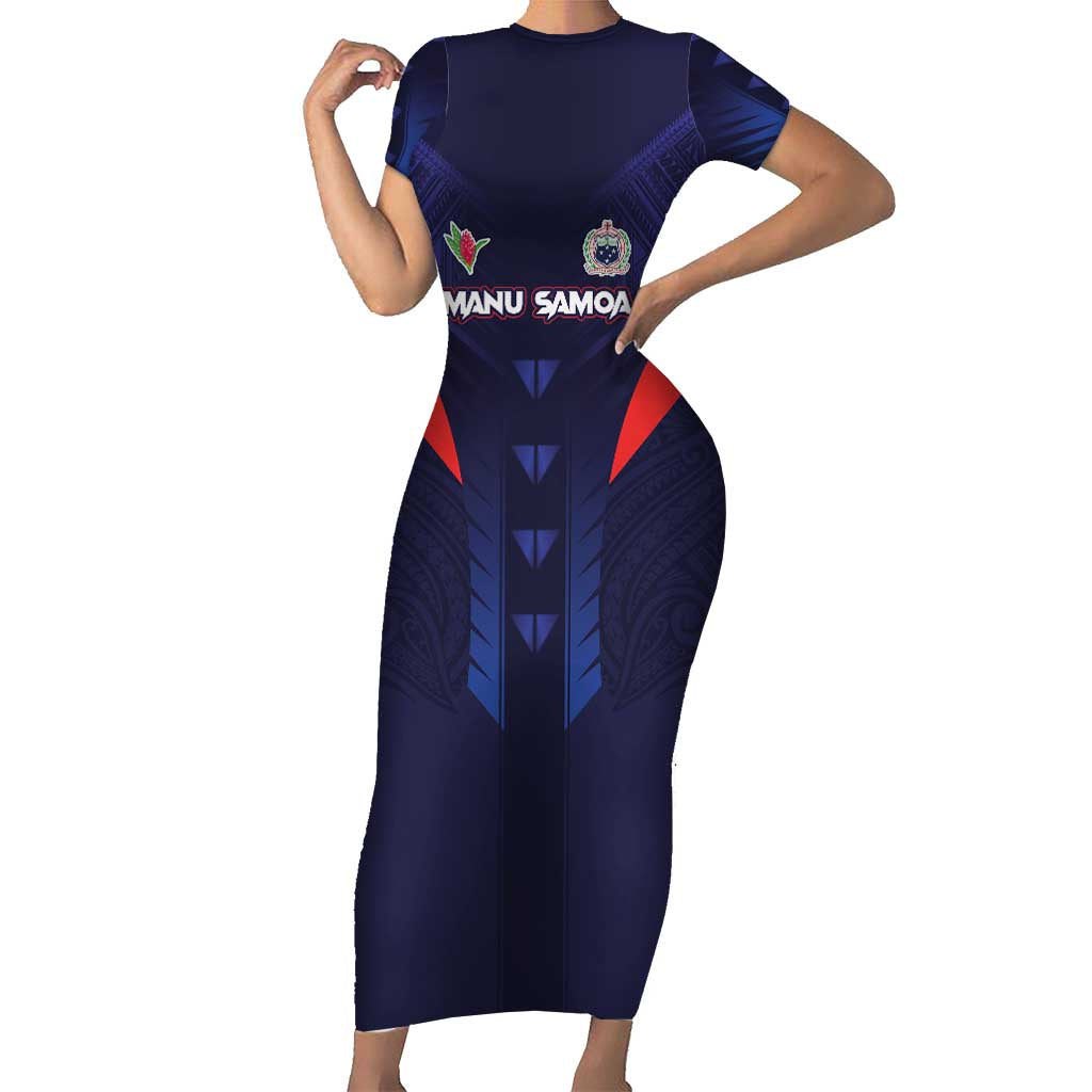 Custom Rugby Samoa Short Sleeve Bodycon Dress Siva Tau Spirit Sporty Vibes - Polynesian Pride