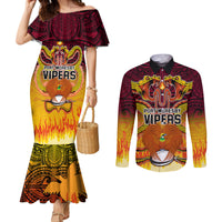 PNG Port Moresby Vipers Rugby Couples Matching Mermaid Dress and Long Sleeve Button Shirts Fire Vipers Mix PNG Bird Polynesian Tattoo LT03 Yellow - Polynesian Pride