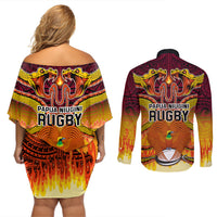PNG Port Moresby Vipers Rugby Couples Matching Off Shoulder Short Dress and Long Sleeve Button Shirts Fire Vipers Mix PNG Bird Polynesian Tattoo LT03 - Polynesian Pride