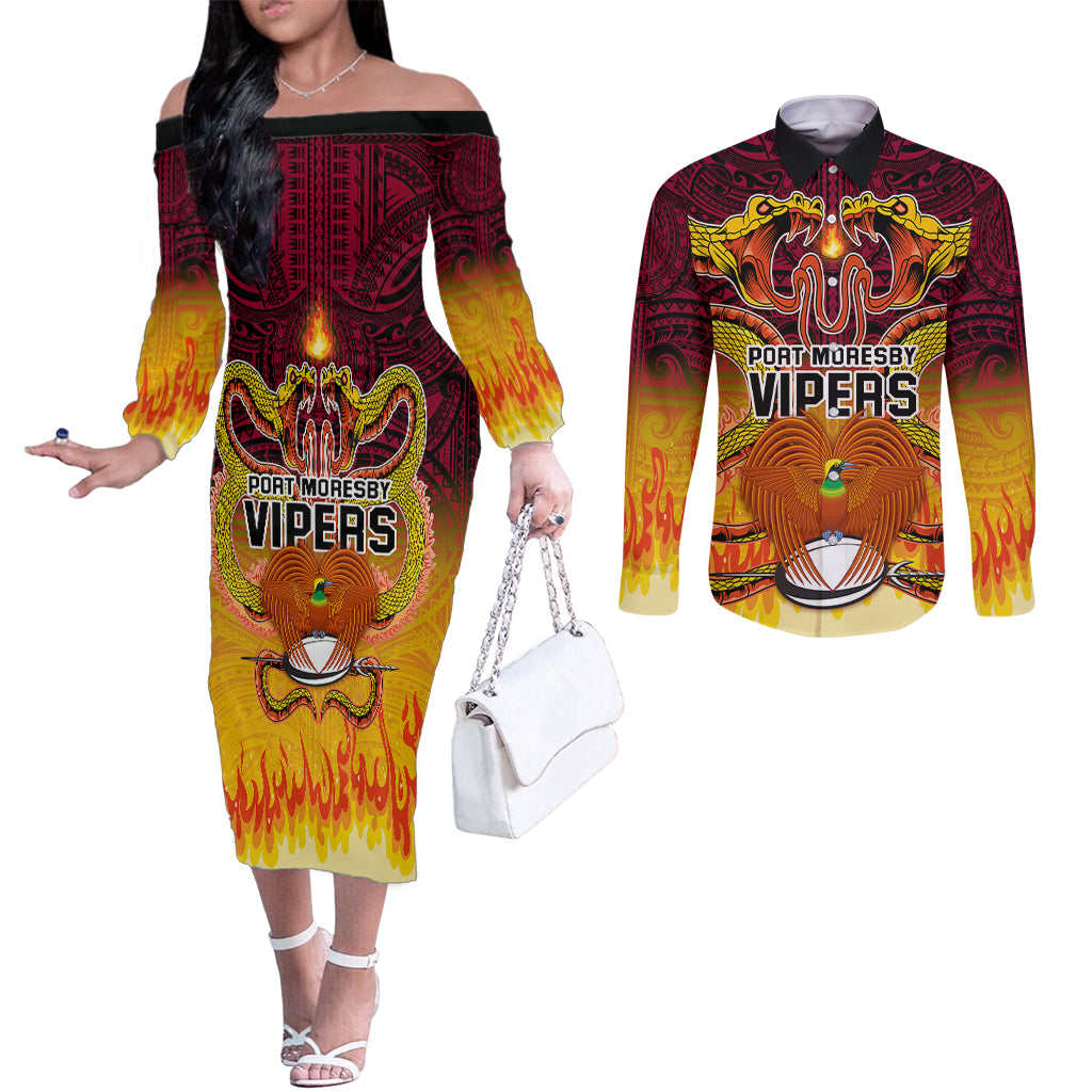 PNG Port Moresby Vipers Rugby Couples Matching Off The Shoulder Long Sleeve Dress and Long Sleeve Button Shirts Fire Vipers Mix PNG Bird Polynesian Tattoo LT03 Yellow - Polynesian Pride