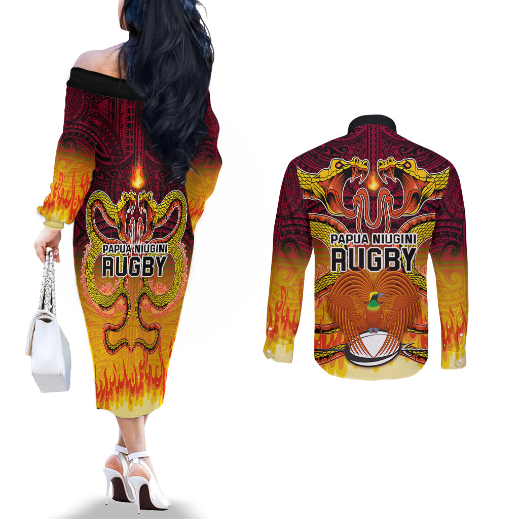 PNG Port Moresby Vipers Rugby Couples Matching Off The Shoulder Long Sleeve Dress and Long Sleeve Button Shirts Fire Vipers Mix PNG Bird Polynesian Tattoo LT03 - Polynesian Pride