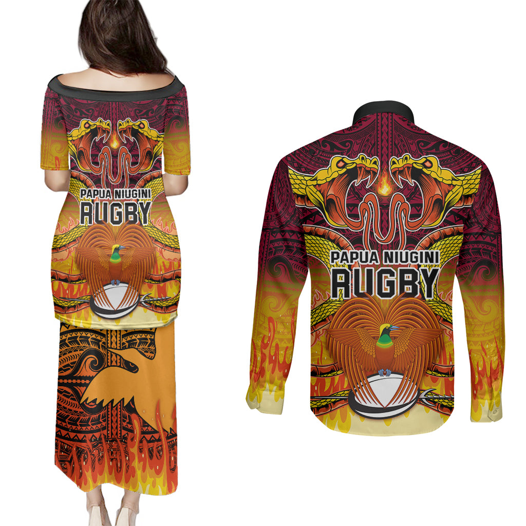 PNG Port Moresby Vipers Rugby Couples Matching Puletasi Dress and Long Sleeve Button Shirts Fire Vipers Mix PNG Bird Polynesian Tattoo LT03 - Polynesian Pride