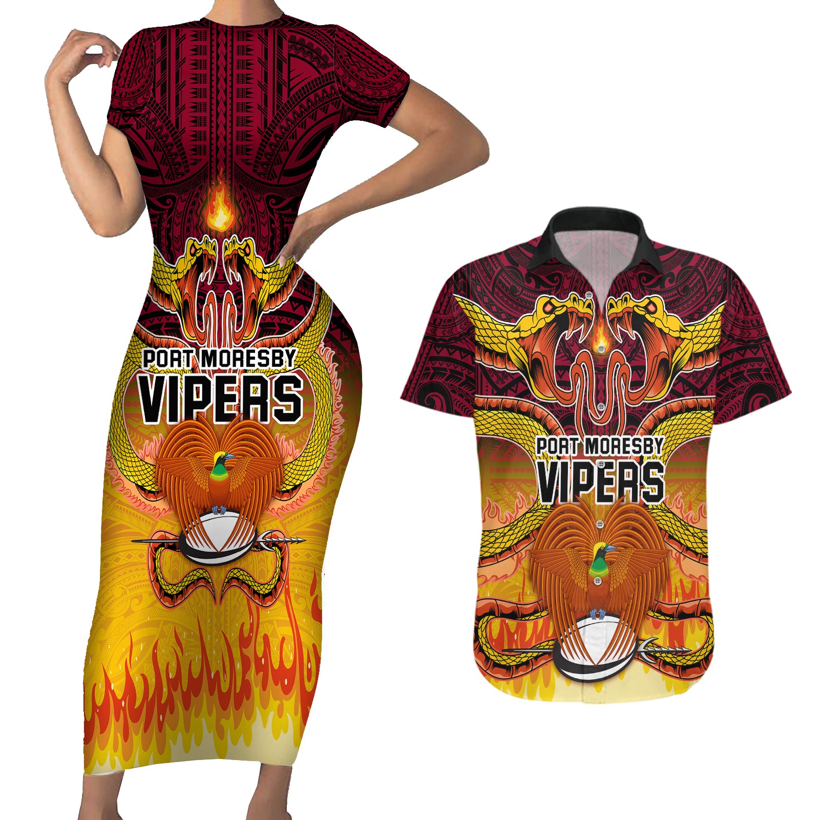 PNG Port Moresby Vipers Rugby Couples Matching Short Sleeve Bodycon Dress and Hawaiian Shirt Fire Vipers Mix PNG Bird Polynesian Tattoo LT03 Yellow - Polynesian Pride