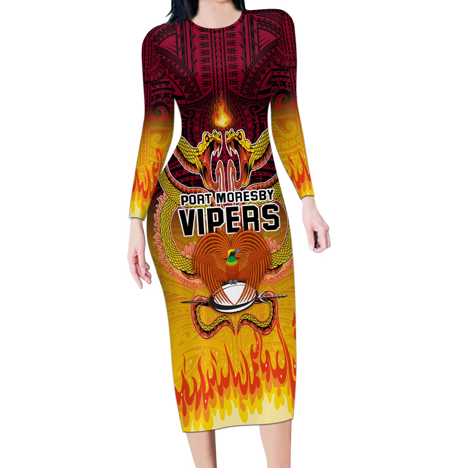 PNG Port Moresby Vipers Rugby Long Sleeve Bodycon Dress Fire Vipers Mix PNG Bird Polynesian Tattoo LT03 Long Dress Yellow - Polynesian Pride