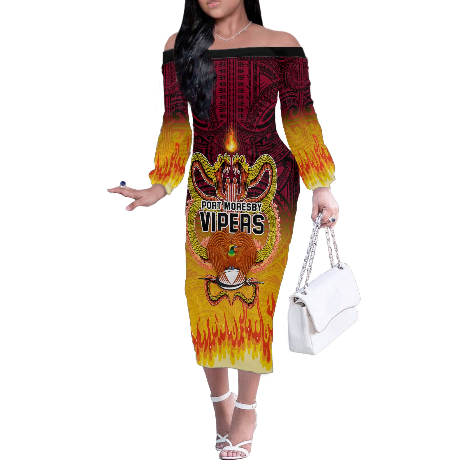 PNG Port Moresby Vipers Rugby Off The Shoulder Long Sleeve Dress Fire Vipers Mix PNG Bird Polynesian Tattoo LT03 Women Yellow - Polynesian Pride