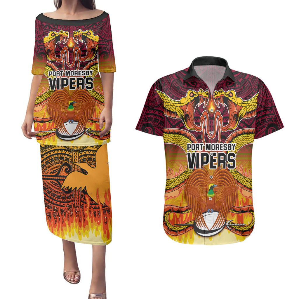 Custom PNG Port Moresby Vipers Rugby Couples Matching Puletasi Dress and Hawaiian Shirt Fire Vipers Mix PNG Bird Polynesian Tattoo LT03 Yellow - Polynesian Pride