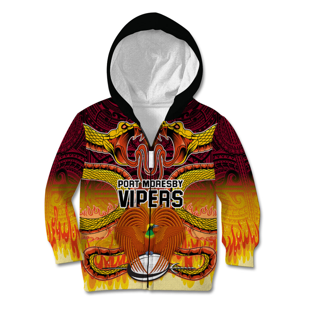 Custom PNG Port Moresby Vipers Rugby Kid Hoodie Fire Vipers Mix PNG Bird Polynesian Tattoo LT03 - Polynesian Pride