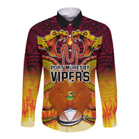 Custom PNG Port Moresby Vipers Rugby Long Sleeve Button Shirt Fire Vipers Mix PNG Bird Polynesian Tattoo LT03 Unisex Yellow - Polynesian Pride