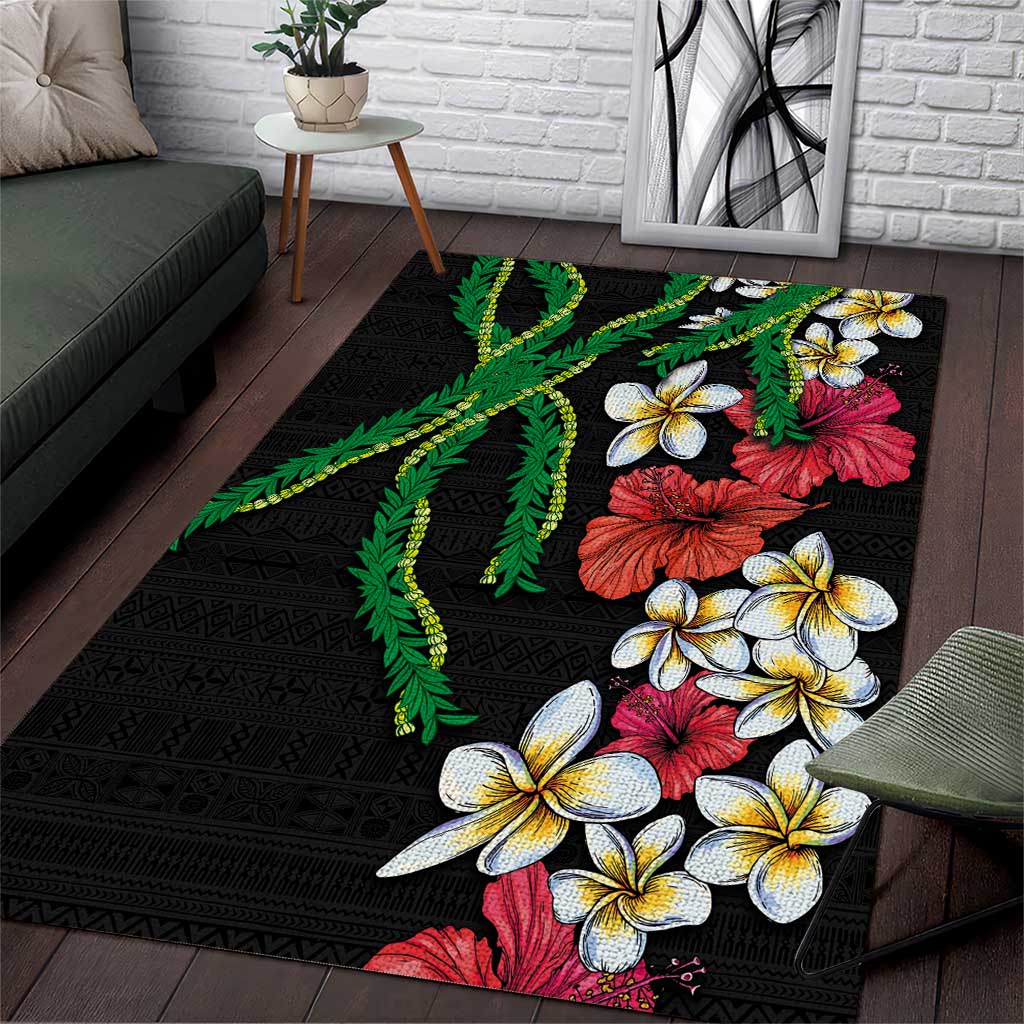 Hawaiian Tropical Flowers and Maile Pikake Area Rug Polynesian Tribal Pattern Black Color