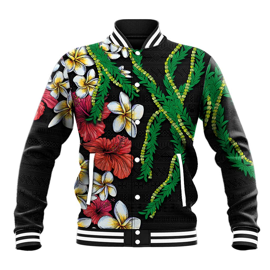 Hawaiian Tropical Flowers and Maile Pikake Baseball Jacket Polynesian Tribal Pattern Black Color