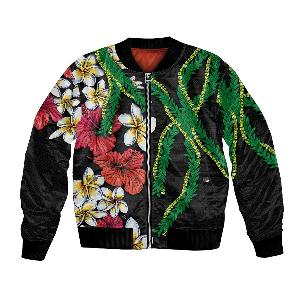 Hawaiian Tropical Flowers and Maile Pikake Bomber Jacket Polynesian Tribal Pattern Black Color