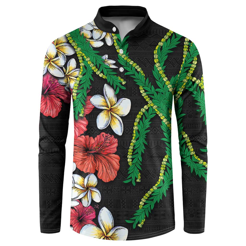 Hawaiian Tropical Flowers and Maile Pikake Button Sweatshirt Polynesian Tribal Pattern Black Color