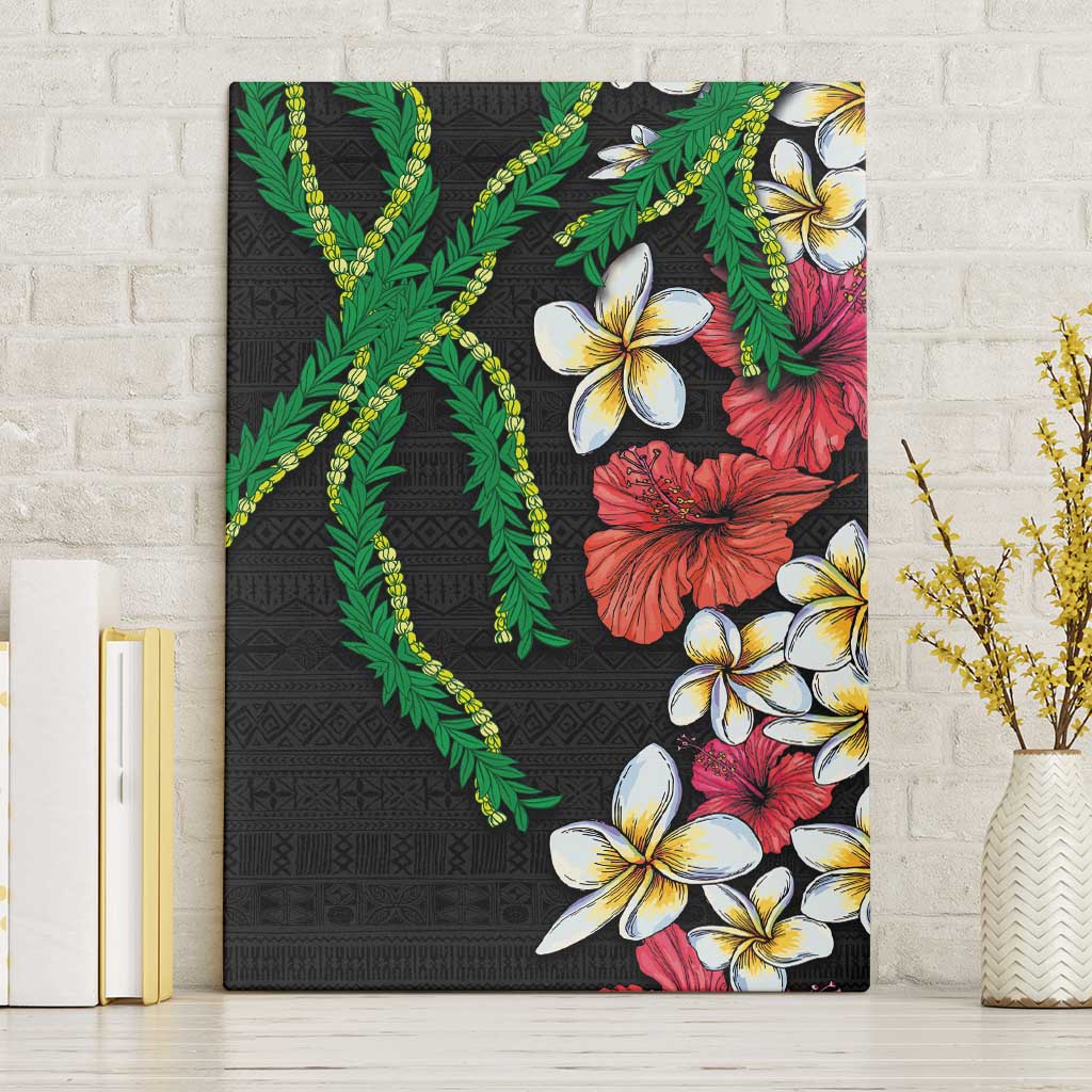 Hawaiian Tropical Flowers and Maile Pikake Canvas Wall Art Polynesian Tribal Pattern Black Color LT03 Without Frame Black - Polynesian Pride