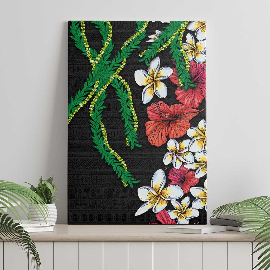 Hawaiian Tropical Flowers and Maile Pikake Canvas Wall Art Polynesian Tribal Pattern Black Color LT03 - Polynesian Pride