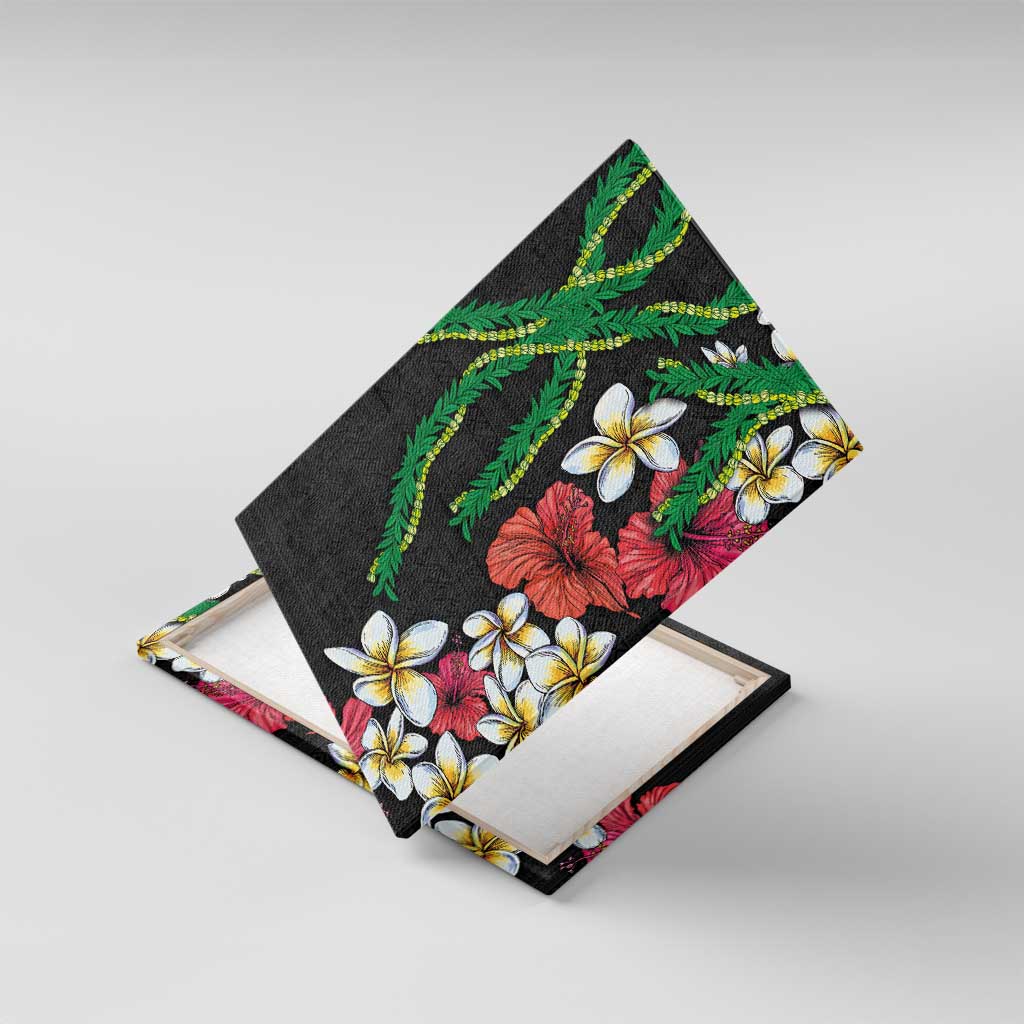 Hawaiian Tropical Flowers and Maile Pikake Canvas Wall Art Polynesian Tribal Pattern Black Color LT03 With Frame Black - Polynesian Pride