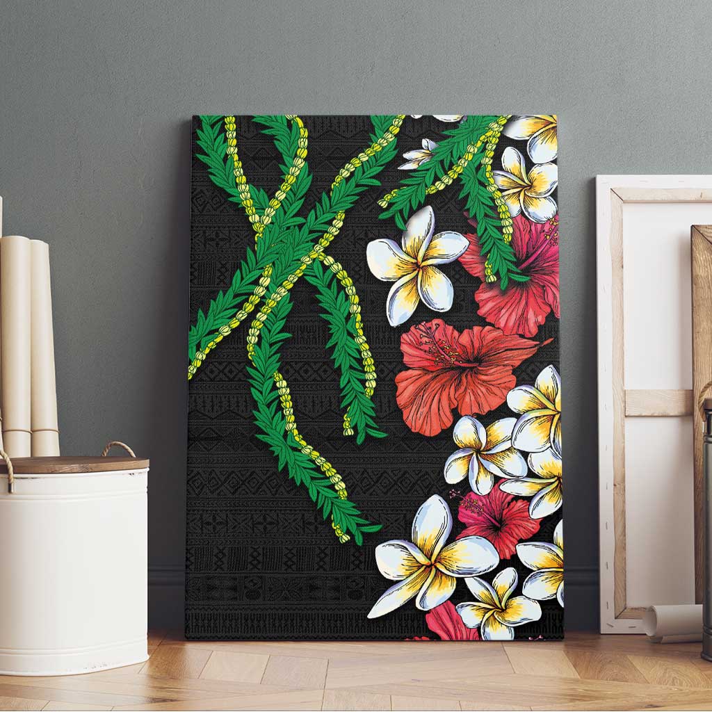 Hawaiian Tropical Flowers and Maile Pikake Canvas Wall Art Polynesian Tribal Pattern Black Color LT03 - Polynesian Pride