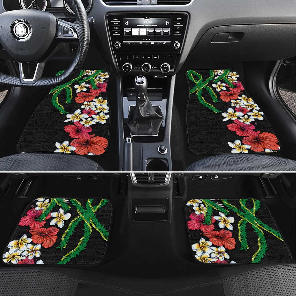 Hawaiian Tropical Flowers and Maile Pikake Car Mats Polynesian Tribal Pattern Black Color