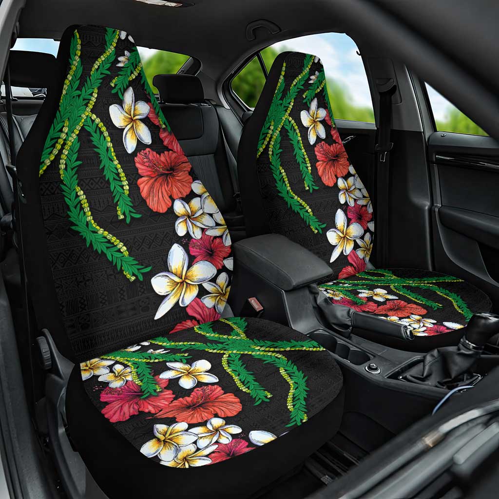 Hawaiian Tropical Flowers and Maile Pikake Car Seat Cover Polynesian Tribal Pattern Black Color