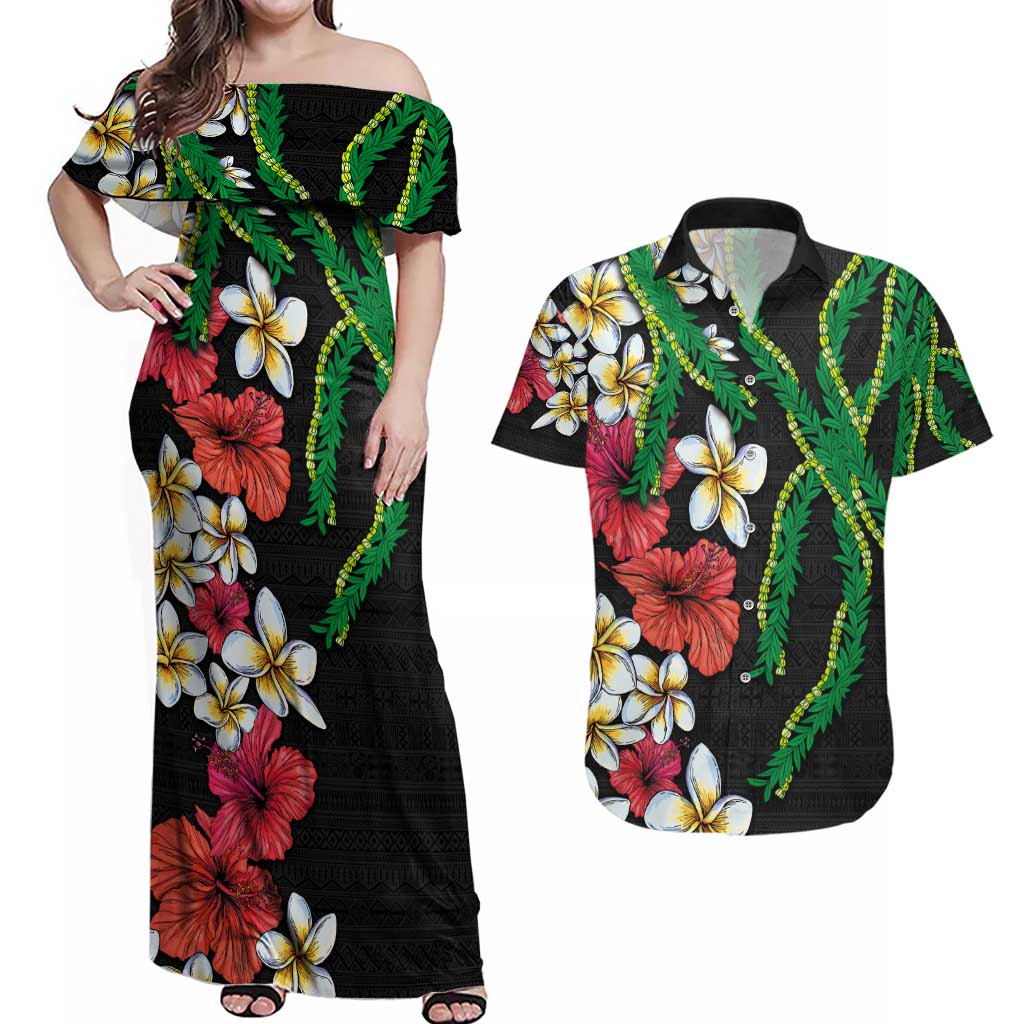 Hawaiian Tropical Flowers and Maile Pikake Couples Matching Off Shoulder Maxi Dress and Hawaiian Shirt Polynesian Tribal Pattern Black Color