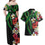 Hawaiian Tropical Flowers and Maile Pikake Couples Matching Off Shoulder Maxi Dress and Hawaiian Shirt Polynesian Tribal Pattern Black Color