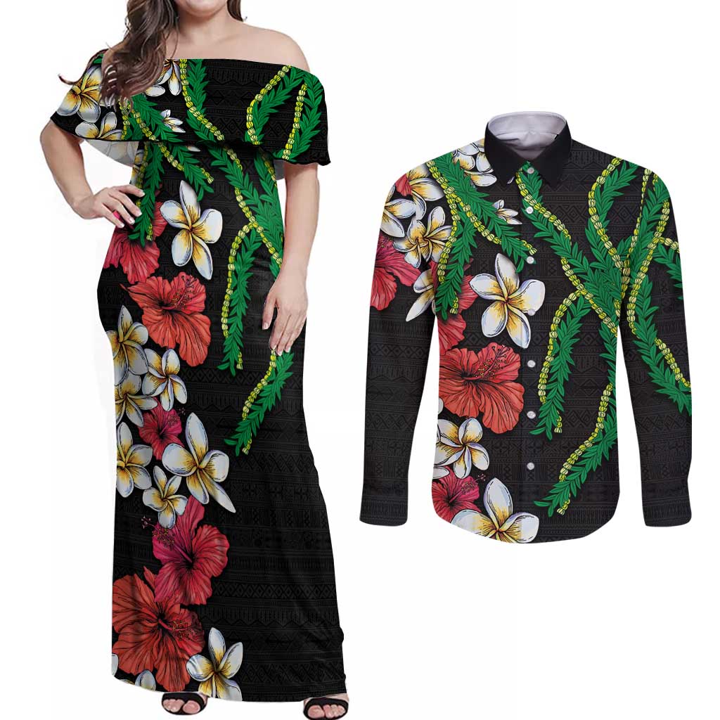 Hawaiian Tropical Flowers and Maile Pikake Couples Matching Off Shoulder Maxi Dress and Long Sleeve Button Shirt Polynesian Tribal Pattern Black Color